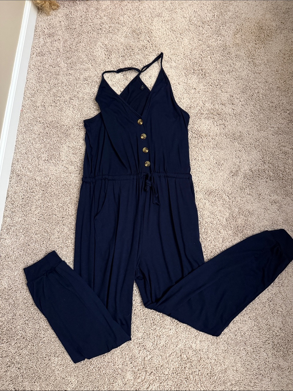 Women’s Navy Button-Front Jumpsuit